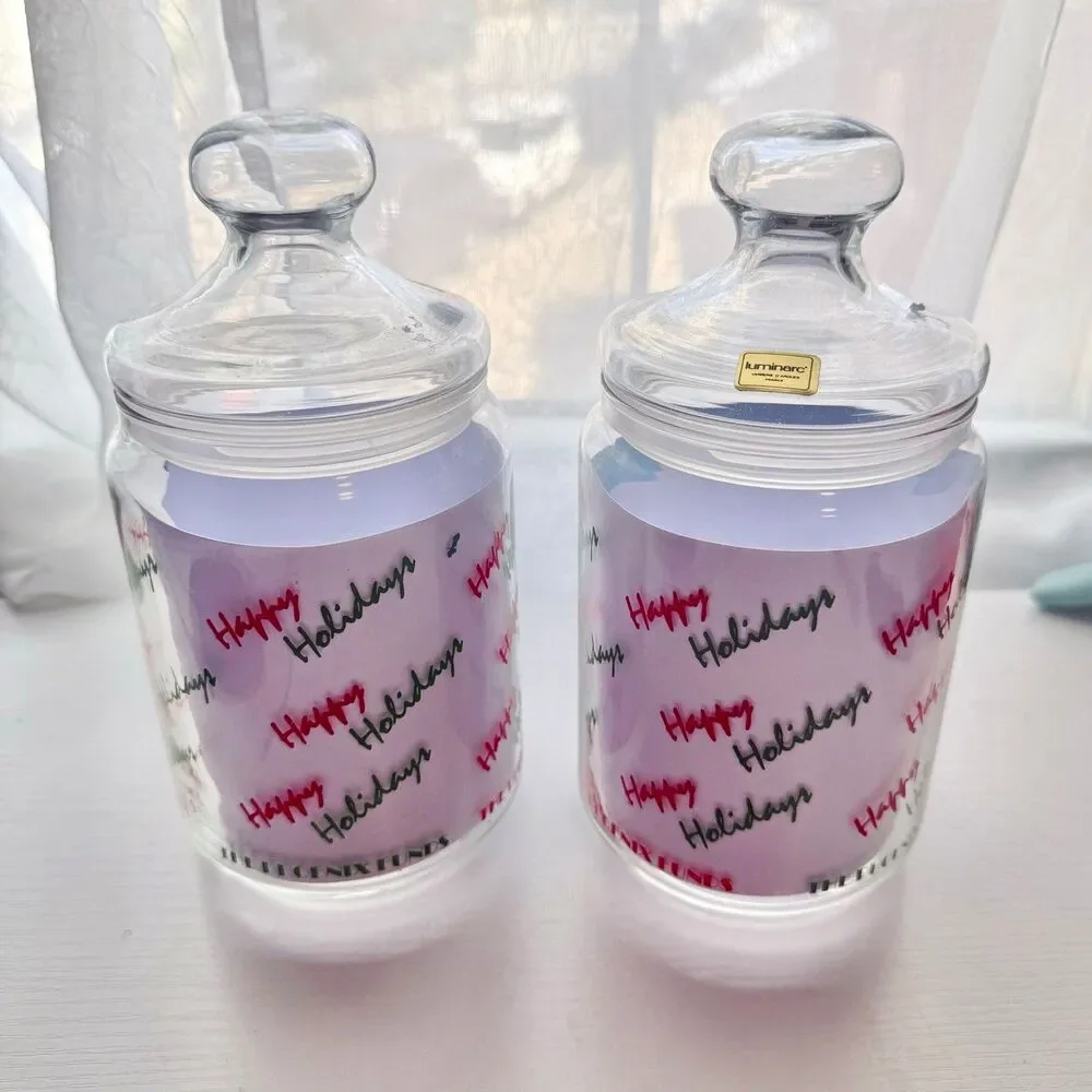 Vintage 2x Clear Glass Luminarc Happy Holidays Christmas Cookie Jars w Lids, L5